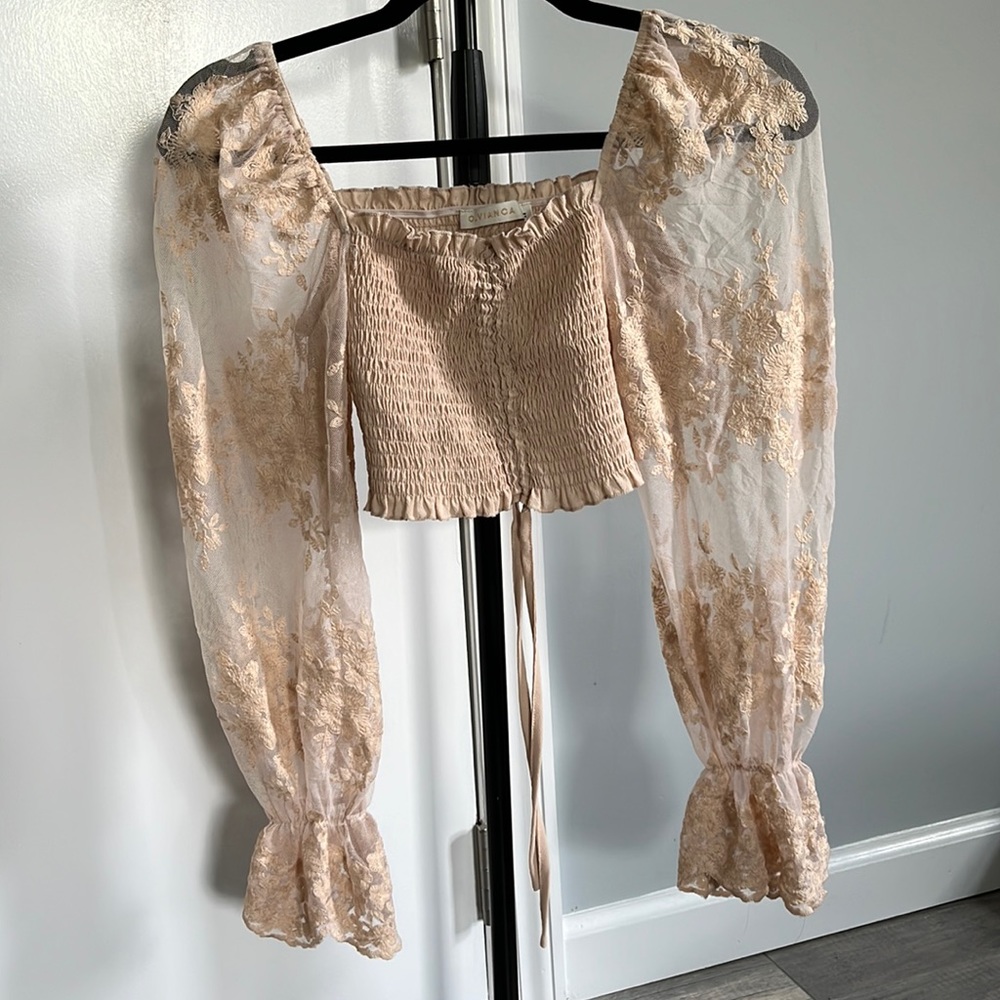 O.VIANCA size SMALL | peach colored top with sheer sleeves and a stretchy bust